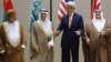 From left, Oman Foreign Minister Yusuf bin Alawi, Saudi Arabia Foreign Minister Adel al-Jubeir, Secretary of State John Kerry and Bahrain Foreign Minister Khalid bin Ahmed Al Khalifa, stand together at the start of the Gulf Cooperation Council (GCC) Ministerial meetings in Manama, Bahrain, April 7, 2016. 