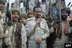 FILE - An image grab taken from a video of the Sudanese paramilitary Rapid Support Forces made July 28, 2023, shows its commander, General Mohamed Hamdan Dagalo, addressing RSF fighters. (RSF handout/AFP)