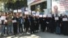 In an image posted on Telegram by a group called "Kermanshah nurses and medical staff" on Aug. 27, 2024, Iranian nurses and medical workers gather at Kermanshah University of Medical Sciences in Iran as part of a strike over poor working conditions. (Telegram/@Kermanshah_nurses)