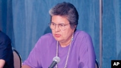 FILE - Ada Deer meets reporters at the Interior Department in Washington, Sept. 7, 1995. Deer, an esteemed Native American leader from Wisconsin, died from natural causes at age 88 on Aug. 15, 2023.