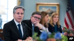 U.S. Secretary of State Antony Blinken speaks during a meeting with European Union foreign affairs chief Josep Borrell at the State Department, March 13, 2025, in Washington. He said global leaders wanted Israel to make civilian safety the top priority in its war against Hamas.
