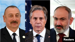 Նկարում՝ Ադրբեջանի նախագահ Իլհամ Ալիև, ԱՄՆ պետքարտուղար Էնթոնի Ջ. Բլինկեն, Հայաստանի վարչապետ Նիկոլ Փաշինյան
