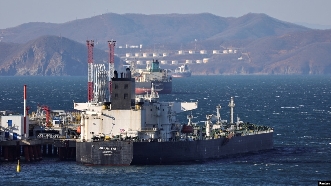 A crude oil tanker is seen anchored at the terminal Kozmino in Nakhodka Bay near the port city of Nakhodka, Russia, Dec. 4, 2022. 
