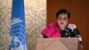 FILE - (Former) Federal Minister for Human Rights of Pakistan Shireen Mazari delivers a speech during a session of the UN Human Rights Council, which voted to hold an urgent debate about Russia's deadly invasion of Ukraine at Kyiv's request, Geneva, Feb. 28, 2022.