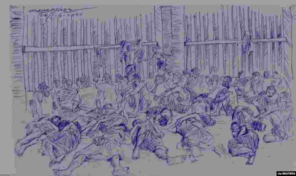 MYANMAR-POLITICS/PRISON -A smuggled sketch shows people inside of Myanmar's Insein prison with a written date April 17, 2021, in this undated picture obtained by REUTERS
