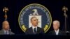 President Barack Obama, joined by Homeland Security Secretary Jeh Johnson, left, and Vice President Joe Biden, speaks at the CIA Headquarters in Langley, Virginia, April 13, 2016. 