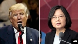 FILE - This combination of two photos shows U.S. President-elect Donald Trump speaking during a "USA Thank You" tour event in Cincinatti, Dec. 1, 2016, and Taiwan's President Tsai Ing-wen, delivering a speech during National Day celebrations in Taipei, Ta