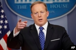 White House press secretary Sean Spicer speaks during the daily press briefing, May 9, 2017, at the White House in Washington.