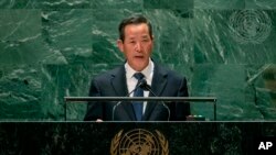 김성 유엔주재 북한대사가 지난 9월 미국 뉴욕 유엔본부에서 진행된 제76차 유엔총회에서 연설하고 있다. (자료사진)