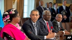 President Barack Obama in the Cabinet Room of the White House after a meeting with, from left, Malawi President Joyce Banda; Sierra Leone President Ernest Bai Koroma; and Cape Verde Prime Minister José Maria Pereira Neves, March 28, 2013. 