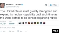 Presiden terpilih AS Donald Trump mengatakan ingin “memperkuat dan memperluas” kemampuan nuklir AS dalam cuitan di Twitter.