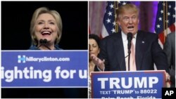 From left, Democratic U.S. presidential candidate Hillary Clinton speaks at a rally in West Palm Beach, Florida, while Republican presidential candidate Donald Trump speaks to supporters in Palm Beach, March 15, 2016.
