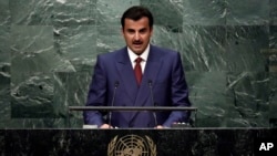 Raja Qatar Sheikh Tamim bin Hamad Al-Thani berbicara di Sidang Umum PBB, 20 September 2016, di New York.