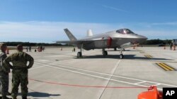 FILE - An F-35 fighter jet is pictured at the Vermont Air National Guard base in South Burlington, Vermont, Sept. 19, 2019. Greece wants to buy 20 F-35s from the United States, plus 20 more down the road. 