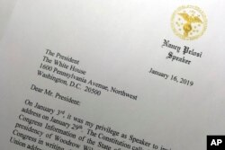 Deo pisma koji je predsedavajuća Predstavničkim domom Nensi Pelosi poslala 16. januara 2019. predsedniku Donaldu Trampu tražeći od njega da odloži obraćanje povodom stanja nacije zakazano za 29. januar, sve dok vlada ne bude ponovo otvorena.