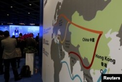 FILE - A map illustrating China's so-called "One Belt, One Road" megaproject, is displayed at the Asian Financial Forum in Hong Kong, China, Jan. 18, 2016.
