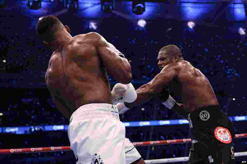 Moyi Grande-Bretagne Daniel Duboias (D) abeti makofi na moyi Grande-Bretagne mosusu Anthony Joshua na bitumba ya ba poids lourds ya nkamba ya molongo ya IBF na etando ya masano ya Wembley, Londres, Sanza 21 2024. (Photo by Adrian Dennis / AFP)