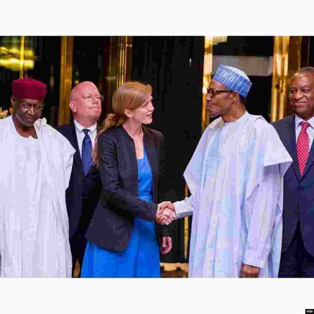 Jakadiyar Amurka a Majalisar 'Dinkin Duniya, Samantha Power Tana Gaisawa Da Shugaba Muhammadu Buhari.
