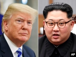 FILE- In this combination of file photos, U.S. President Donald Trump, left, in the Oval Office of the White House in Washington on May 16, 2018, and North Korean leader Kim Jong Un in a meeting with South Korean leader Moon Jae-in in Panmunjom, South Korea.