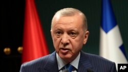 Turkish President Recep Tayyip Erdogan speaks during a joint news conference with Greek Prime Minister Kyriakos Mitsotakis in Ankara, Turkey, May 13, 2024
