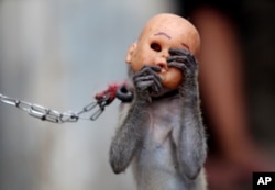 Atraksi topeng monyet di sebuah daerah kumuh di Jakarta. (AP/Tatan Syuflana)