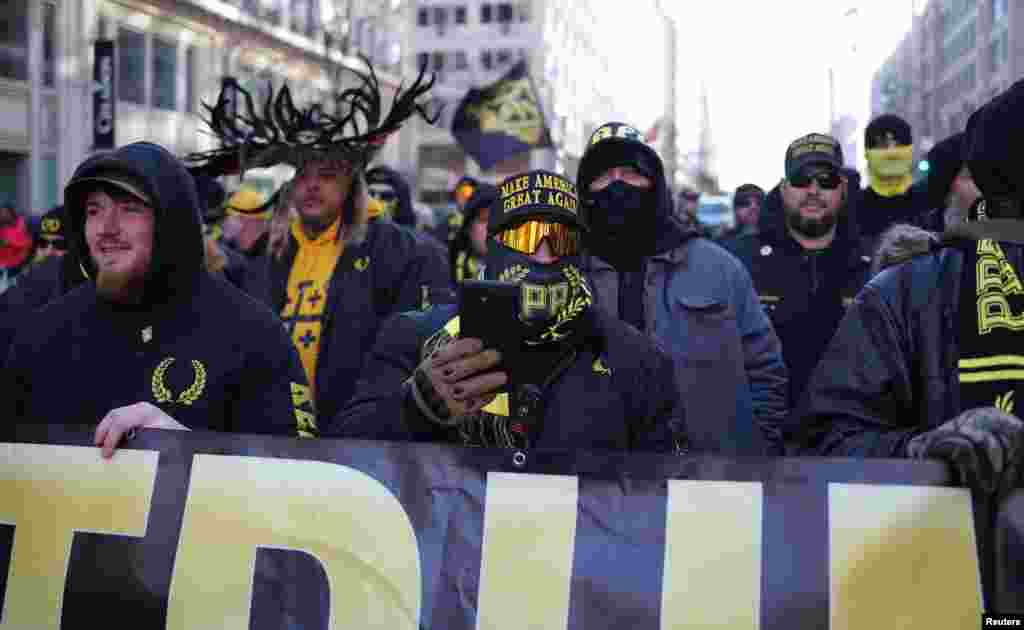 Members of the far-right Proud Boys gather on the inauguration day of Donald Trump's second presidential term in Washington, Jan. 20, 2025.
