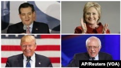 Clockwise, from top left, Texas Senator Ted Cruz, former Secretary of State Hillary Clinton, Vermont Senator Bernie Sanders and businessman Donald Trump all won contests in Saturday's presidential nominating contest, March 5, 2016.