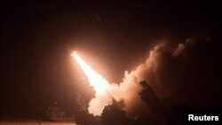 An ATACMS, a surface-to-surface missile, is fired during a joint military training between U.S. and South Korea at an unidentified location