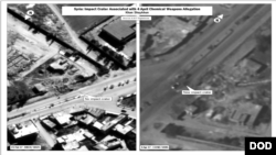 U.S. forces struck a Syrian airfield Thursday in response to the Syrian government's chemical weapons attack April 4, 2017, in Khan Sheikhoun, which killed or injured hundreds of Syrians. These photos, the Department of Defense says, shows no impact crate