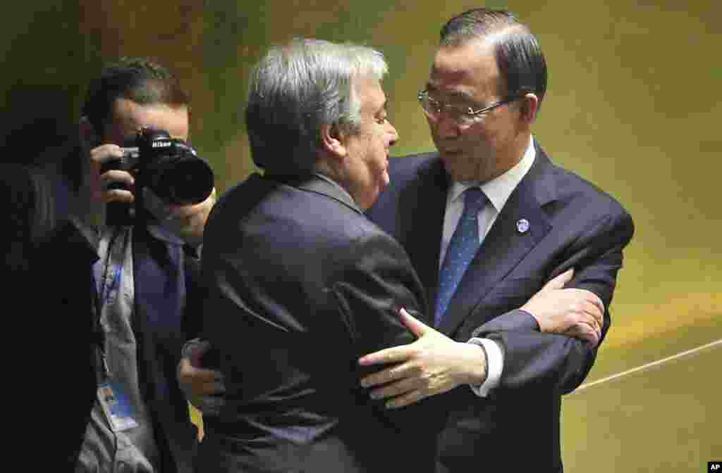 Current Secretary-General of the United Nations Ban Ki-moon, right, embraces the Secretary-General designate, Antonio Guterres of Portugal, after he spoke during his appointment at U.N. headquarters, New York.