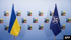 Архівне фото із саміту НАТО у Вільнюсі: прапори України та НАТО, 12 липня 2023 року. (Photo by Odd ANDERSEN / AFP)