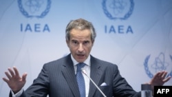라파엘 그로시 국제원자력기구(IAEA) 사무총장이 11일 오스트리아 빈에서 열린 IAEA 정기이사회에서 발언하고 있다.