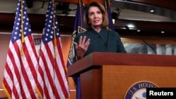 FILE - U.S. House Speaker Nancy Pelosi holds a news conference at the U.S. Capitol in Washington, Jan. 10, 2019. 