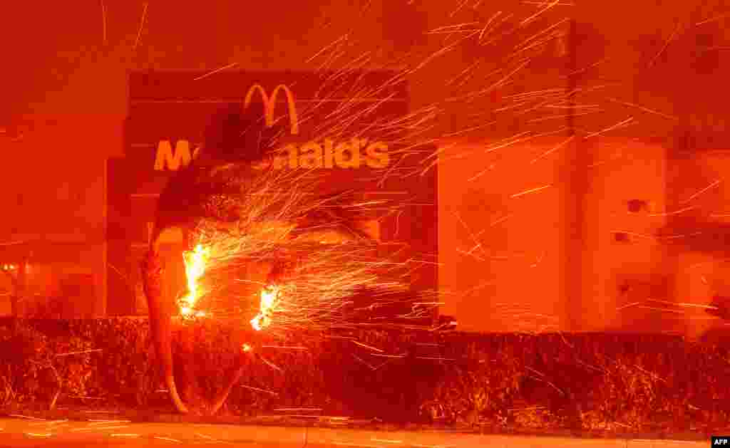 A McDonald's restaurant is showered in embers during the Eaton Fire in Pasadena, California, Jan. 7, 2025. A ferocious wildfire in a Los Angeles suburb devoured buildings and sparked panicked evacuations, as hurricane-force winds tore through the region. More than 200 acres (80 hectares) was burning in Pacific Palisades, a upscale spot with multi-million dollar homes in the Santa Monica Mountains. Across town, on the northern edge of Los Angeles, another fire broke out in Eaton Canyon, near Pasadena, quickly consuming 200 acres (81 hectares) later in the night, according to Angeles National Forest officials.