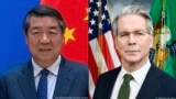 中国国务院副总理何立峰(左), 美国财政部长贝森特