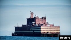 The Russian "Academy Lomonosov," the world's first floating nuclear power plant, passes Langeland island, while heading for Murmansk in northwestern Russia, May 4, 2018.