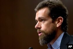 Twitter CEO Jack Dorsey testifies before the Senate Intelligence Committee hearing on 'Foreign Influence Operations and Their Use of Social Media Platforms' on Capitol Hill, Sept. 5, 2018, in Washington.
