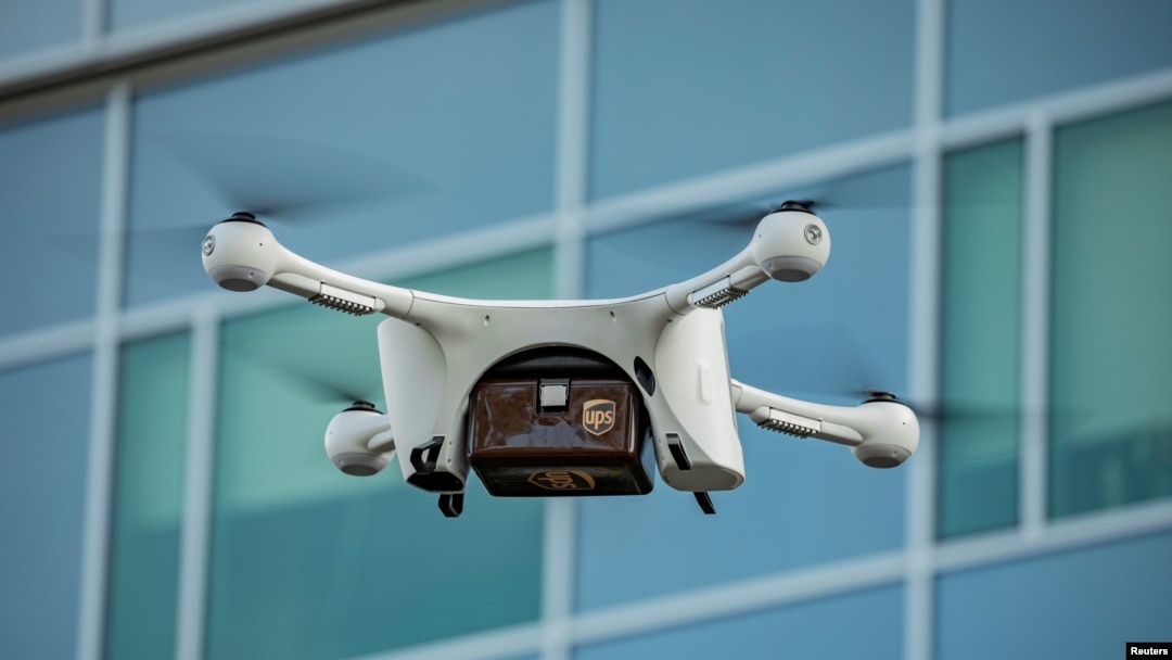 FILE - A UPS drone makes a Flight Forward medical delivery on WakeMed Health & Hospitals' main campus in Raleigh, North Carolina, in an undated photo. 
