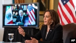 Vice President Kamala Harris speaks during a virtual meeting with Mexican President Andres Manuel Lopez Obrador at the Eisenhower Executive Office Building on the White House complex in Washington on Friday, May 7, 2021. (AP Photo/Manuel Balce…