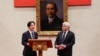 Taiwan's president Lai Ching-te, left, and C.C Wei, Chairman and CEO of TSMC, hold a press conference at Taiwan's presidential office in Taipei, Taiwan, March 6, 2025. 
