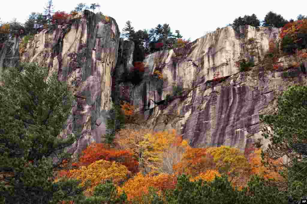 Fall colors are seen at New Hampshire's Cathedrel Ledge in Conway, New Hampshire, Oct. 24, 2016.