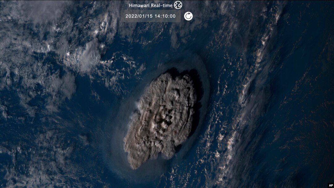 This satellite image taken by Himawari-8, a Japanese weather satellite operated by Japan Meteorological Agency and released by National Institute of Information and Communications Technology, shows an undersea volcano eruption at the Pacific nation of Ton