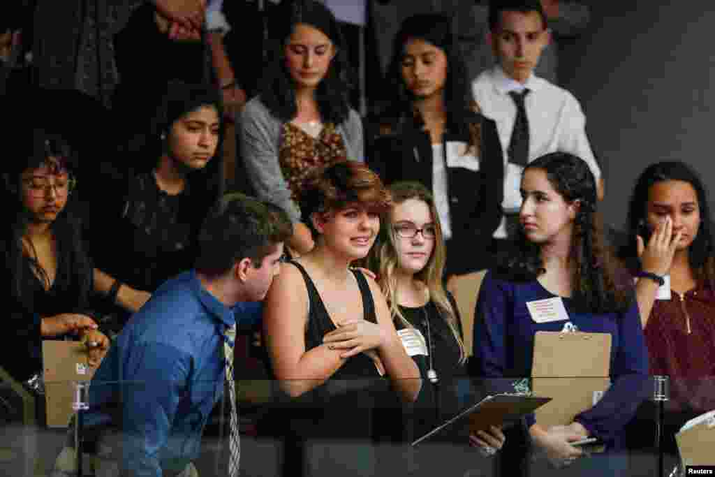 Students from Marjory Stoneman Douglas High School and those supporting them react as they watch the Florida House of Representatives vote down a procedural move to take a bill banning assault weapons out of committee and bring it to the floor for a vote