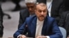 Menteri Luar Negeri Iran Hossein Amir-Abdollahian berbicara dalam pertemuan Dewan Keamanan PBB terkait situasi di Timur Tengah, di markas PBB di Kota New York, pada 18 April 2024. (Foto: AFP/Angela Weiss)
