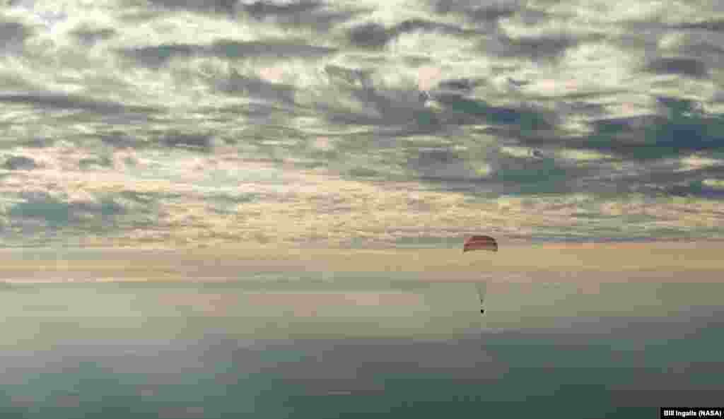 The Soyuz MS-01 spacecraft lands with Expedition 49 crew members NASA astronaut Kate Rubins, Russian cosmonaut Anatoly Ivanishin of Roscosmos, and astronaut Takuya Onishi of the Japan Aerospace Exploration Agency (JAXA), near the town of Zhezkazgan, Kazakhstan.
