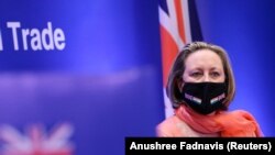 British Secretary of State for International Trade Anne-Marie Trevelyan speaks to the media during the launch of free trade agreement (FTA) negotiations between the United Kingdom and India during an event at a hotel in New Delhi, India, January 13, 2022. REUTERS/Anushree Fadnavi