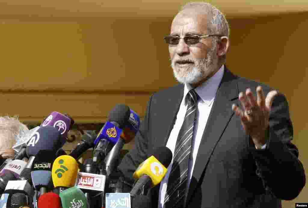 The supreme guide of Egypt's Muslim Brotherhood Mohamed Badie speaks during a news conference at the Brotherhood's main office in Cairo, Dec. 8, 2012.