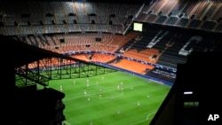 General view of the Mestalla stadium during the Champions League round of 16 second leg soccer match between Valencia and Atalanta in Valencia, Spain, Tuesday March 10, 2020. The match is being in an empty stadium because of the coronavirus outbreak…