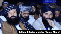 Taliban Minister of Refugees Khalil-Ur-Rahman Haqqani, left, sits with his nephew, Interior Minister Sirajuddin Haqqani, in this undated image. A bomb blast, Dec. 11, 2024, in Kabul killed Haqqani and at least four associates.