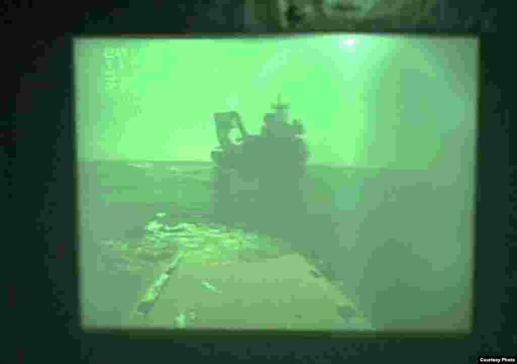View of R/V Atlantis ship from inside Alvin after a successful dive to the methane seeps off of Hydrate Ridge, Oregon. (V. Orphan)